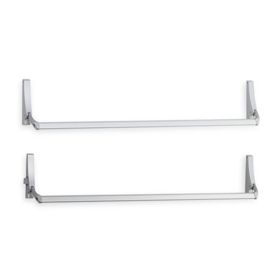 A pair of aluminum panic bars on a white background.