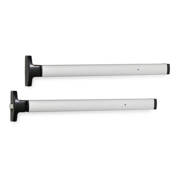 A pair of aluminum door bars with black handles on a white background.