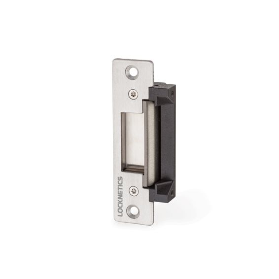 A close up of a stainless steel door latch on a white background.