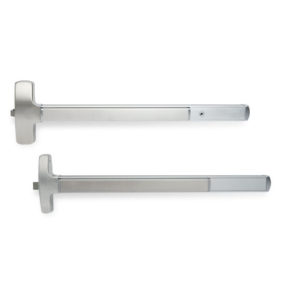 A pair of stainless steel exit bars on a white background.