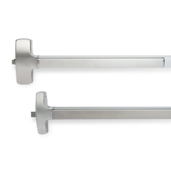 A pair of stainless steel panic bars with handles on a white background.