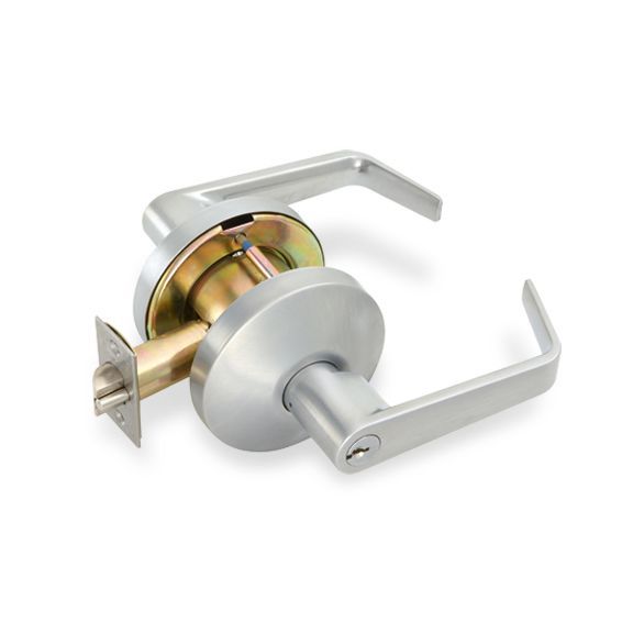 A stainless steel door handle with a key on a white background.
