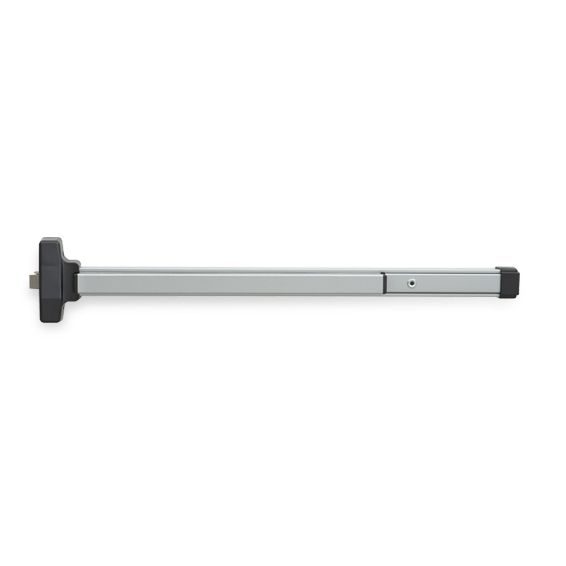 A stainless steel exit bar with a black handle on a white background.