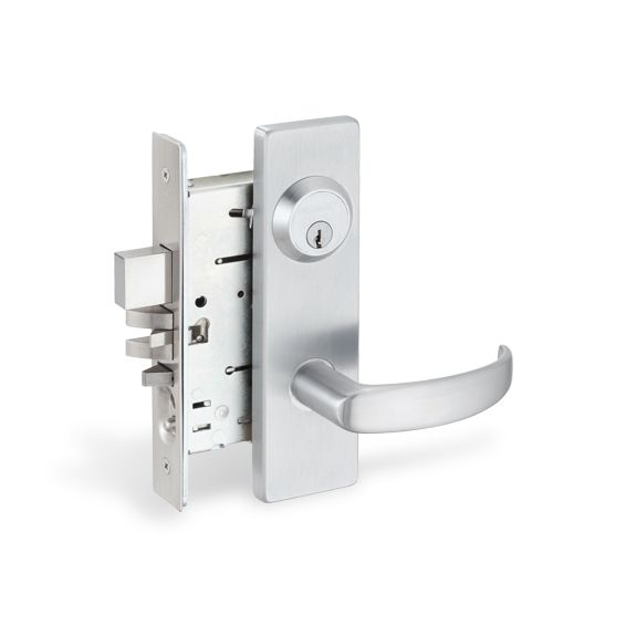 A stainless steel door lock with a handle on a white background.