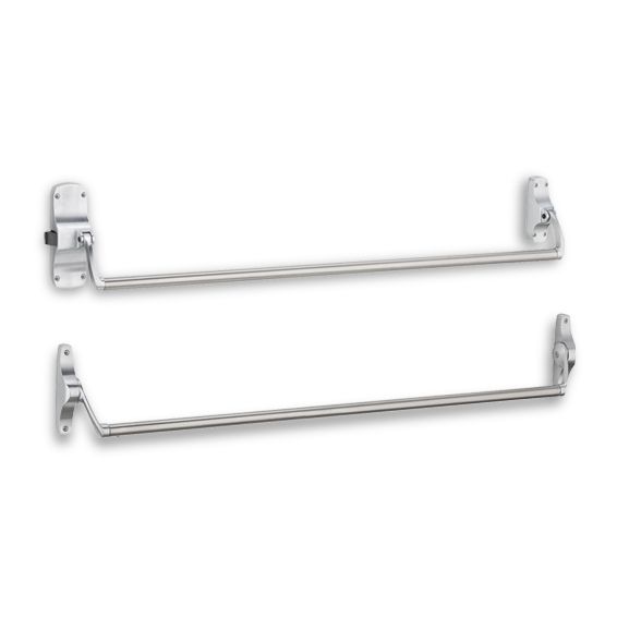 A pair of stainless steel panic bars on a white background.