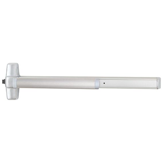 A picture of a stainless steel door handle on a white background.