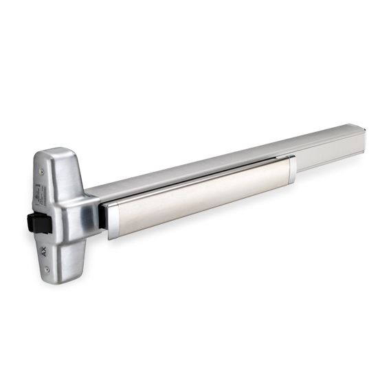 A stainless steel exit bar with a handle on a white background.