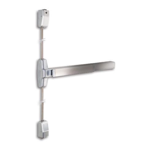 A stainless steel panic bar with a key on a white background.