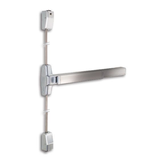 A stainless steel panic bar with a key on a white background.