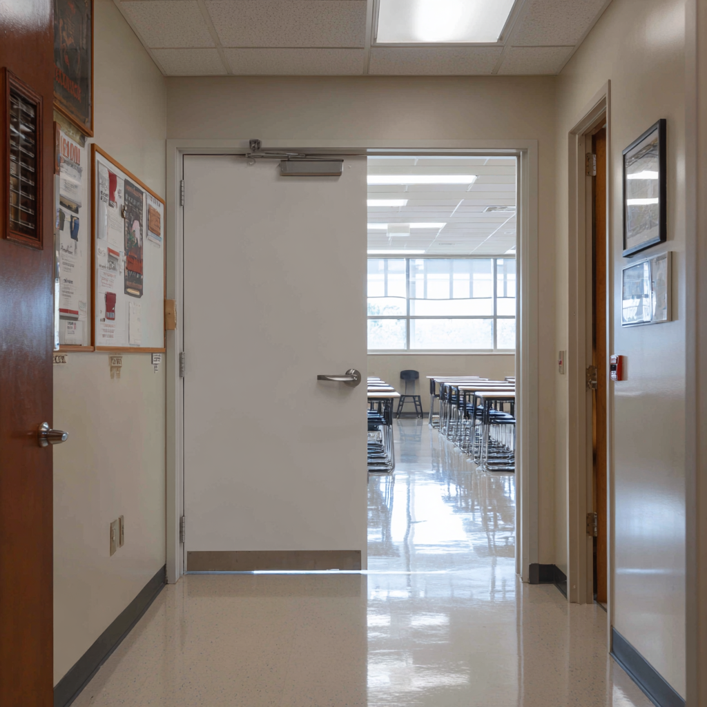 Automatic Doors Installation and Repair - A hallway leading to a classroom with tables and chairs Automatic Doors Installation and Repair - A hallway leading to a classroom with tables and chairs