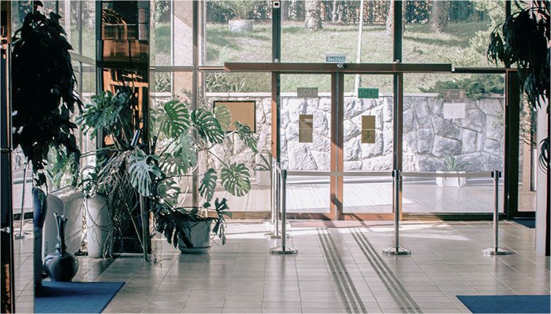 A lobby with a lot of windows and plants in pots