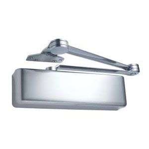 A close up of a stainless steel door closer on a white background.