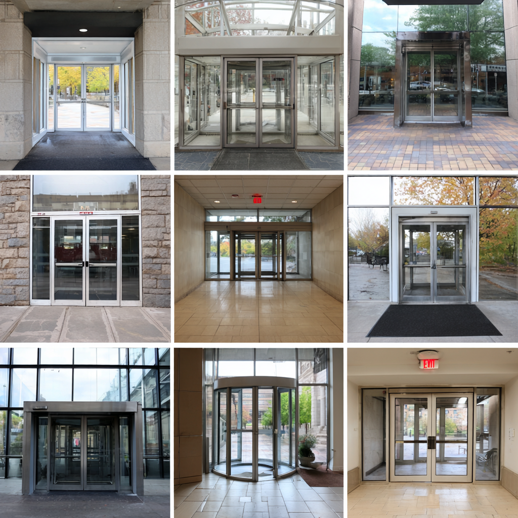 A collage of different types of entrances to buildings