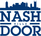 A blue logo for nashville door with a city skyline in the background