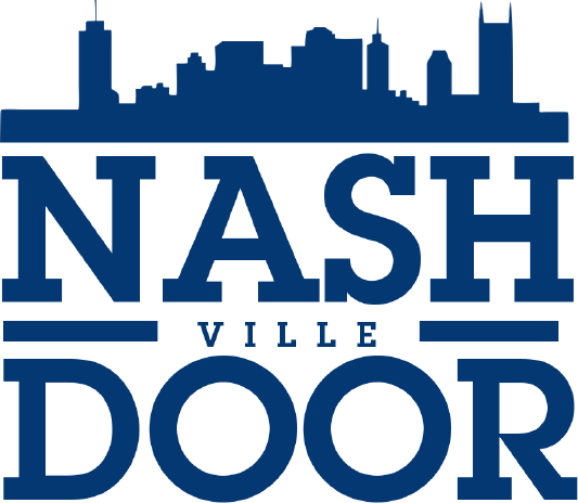 A blue logo for nashville door with a city skyline in the background