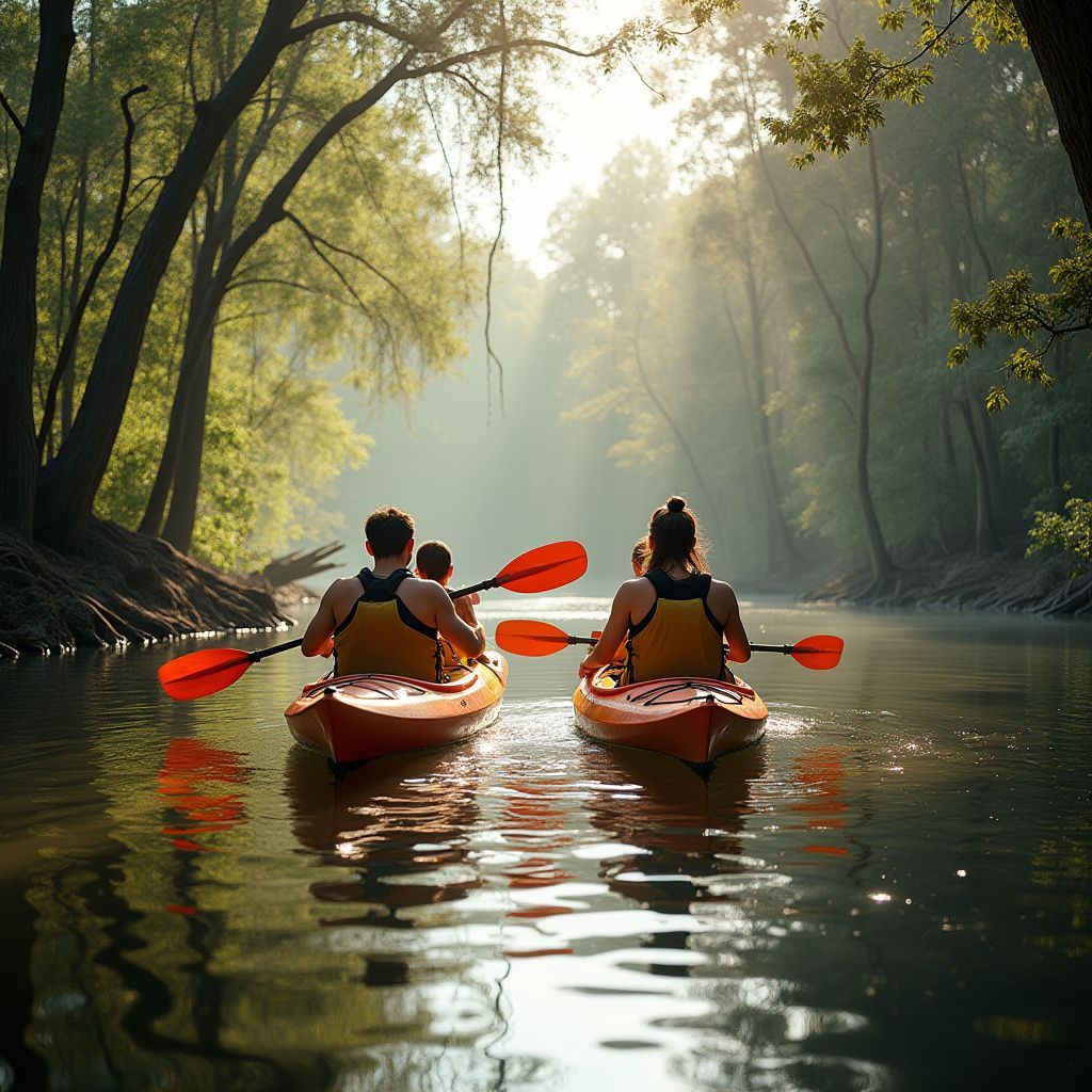 Two kayaks with people paddling down a sunlit river, surrounded by trees.