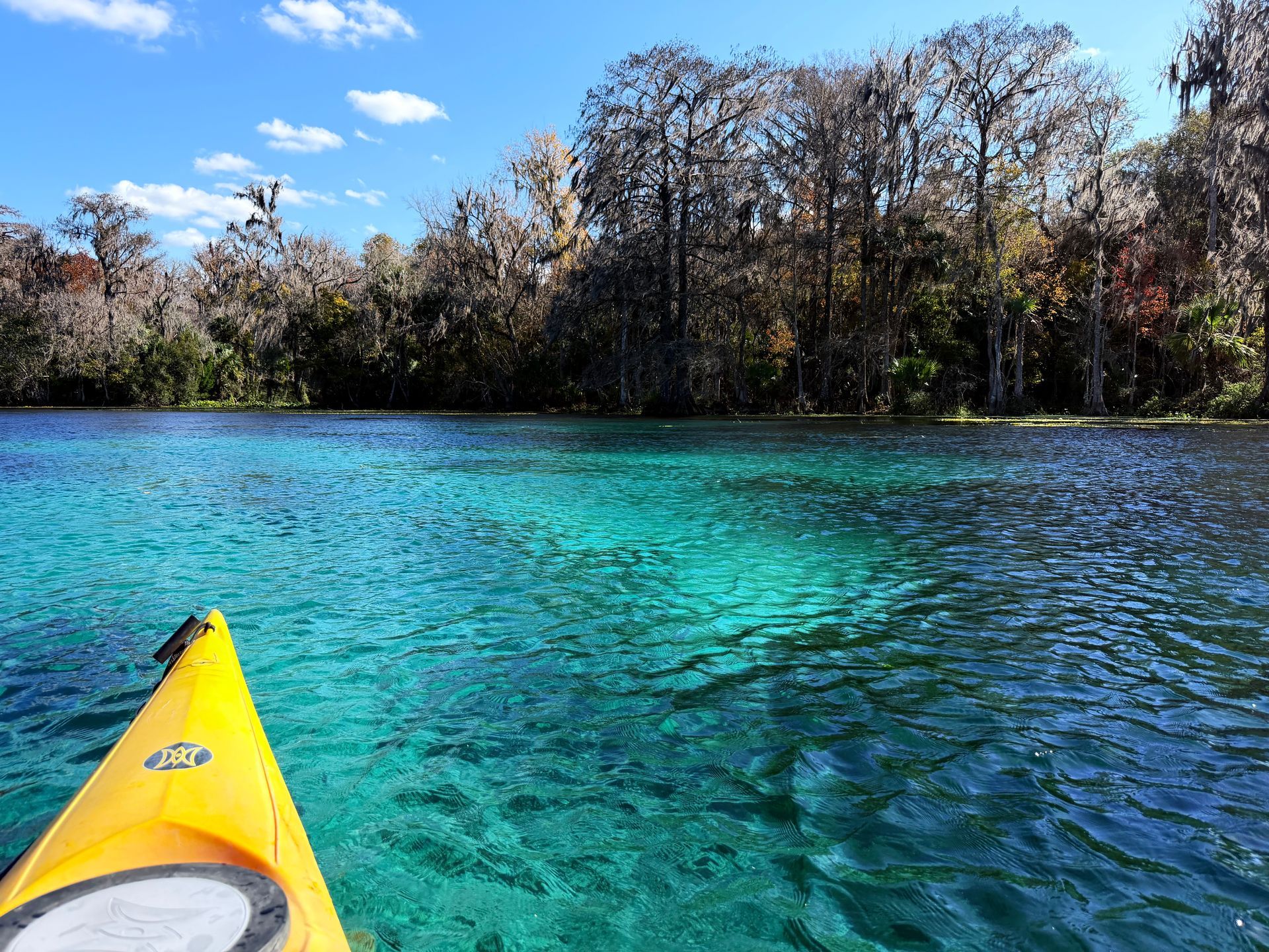 Yellow kayak on clear turquoise water, trees in the background under a blue sky.