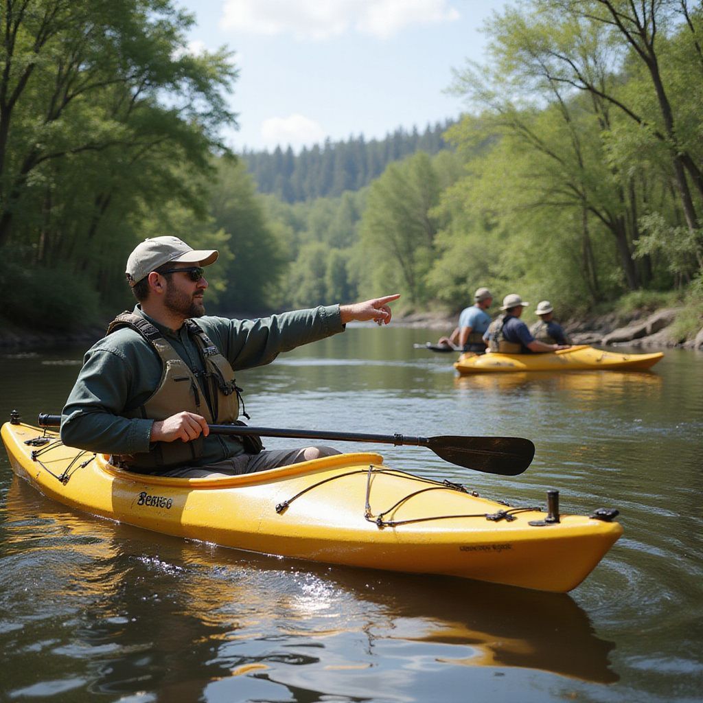 Man in yellow kayak points ahead on river, other kayakers follow. Green trees line the banks.