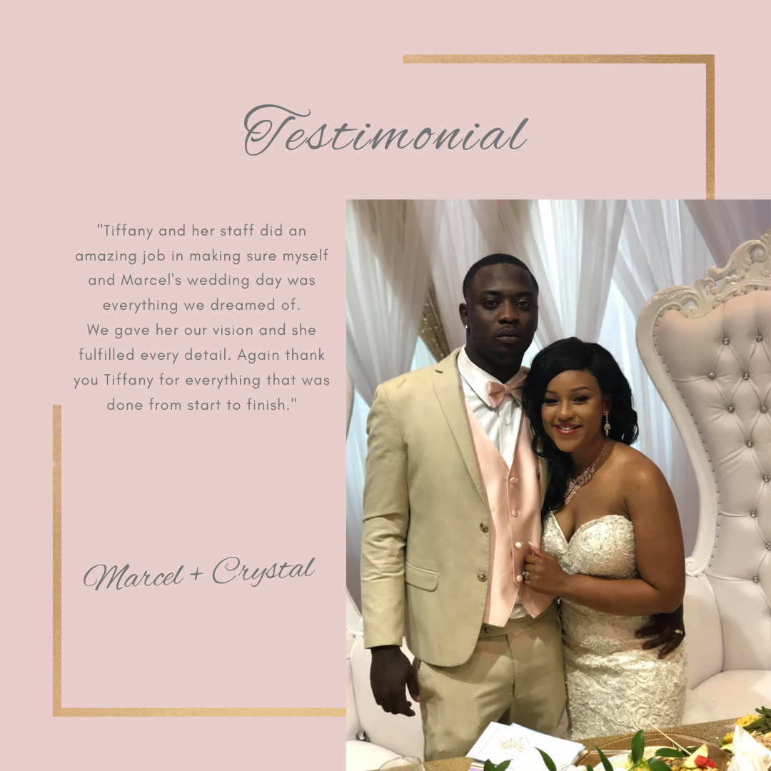 A testimonial graphic featuring a photo of a couple at their wedding, with text praising their wedding day.