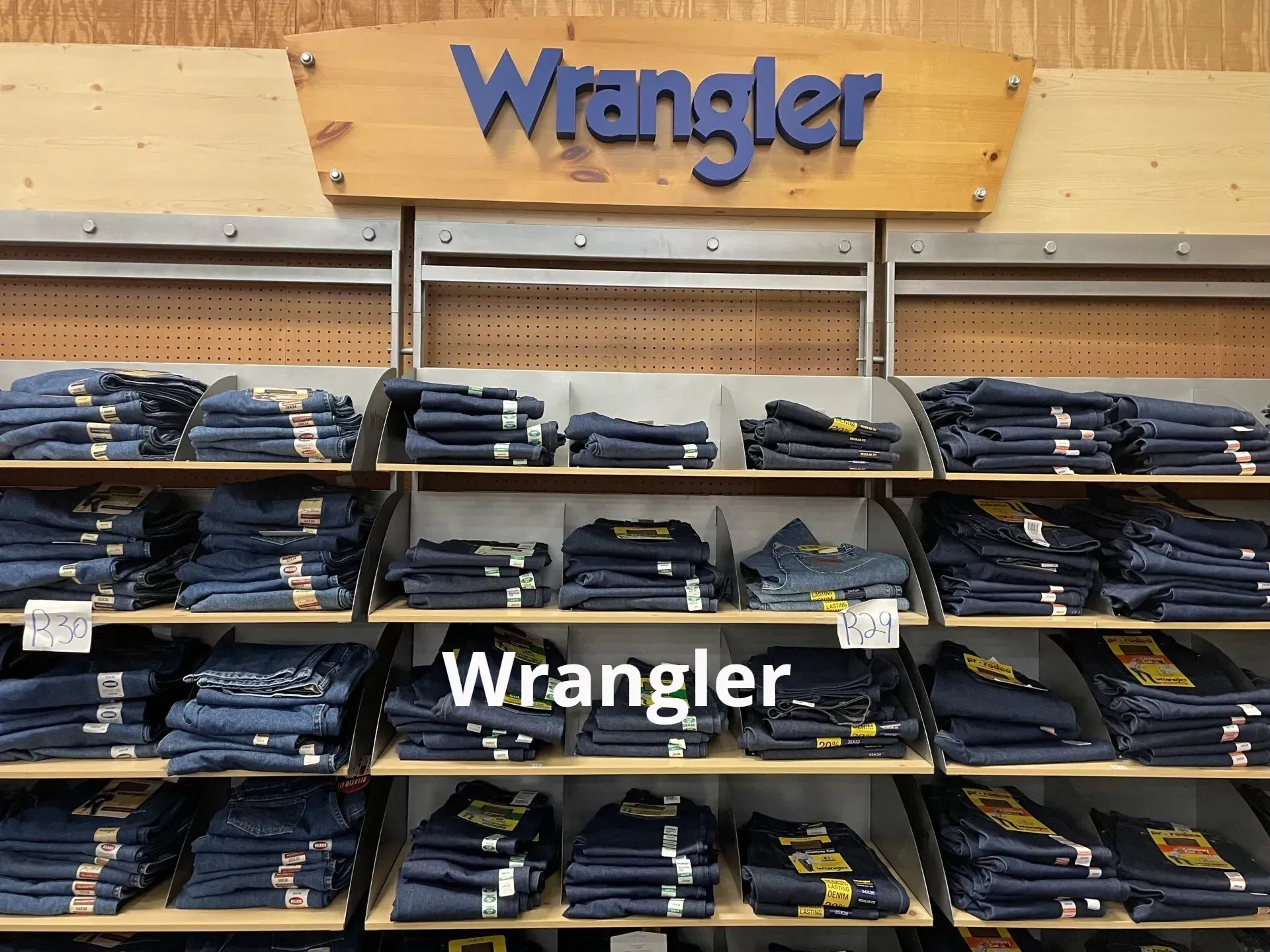 A display of wrangler jeans in a store