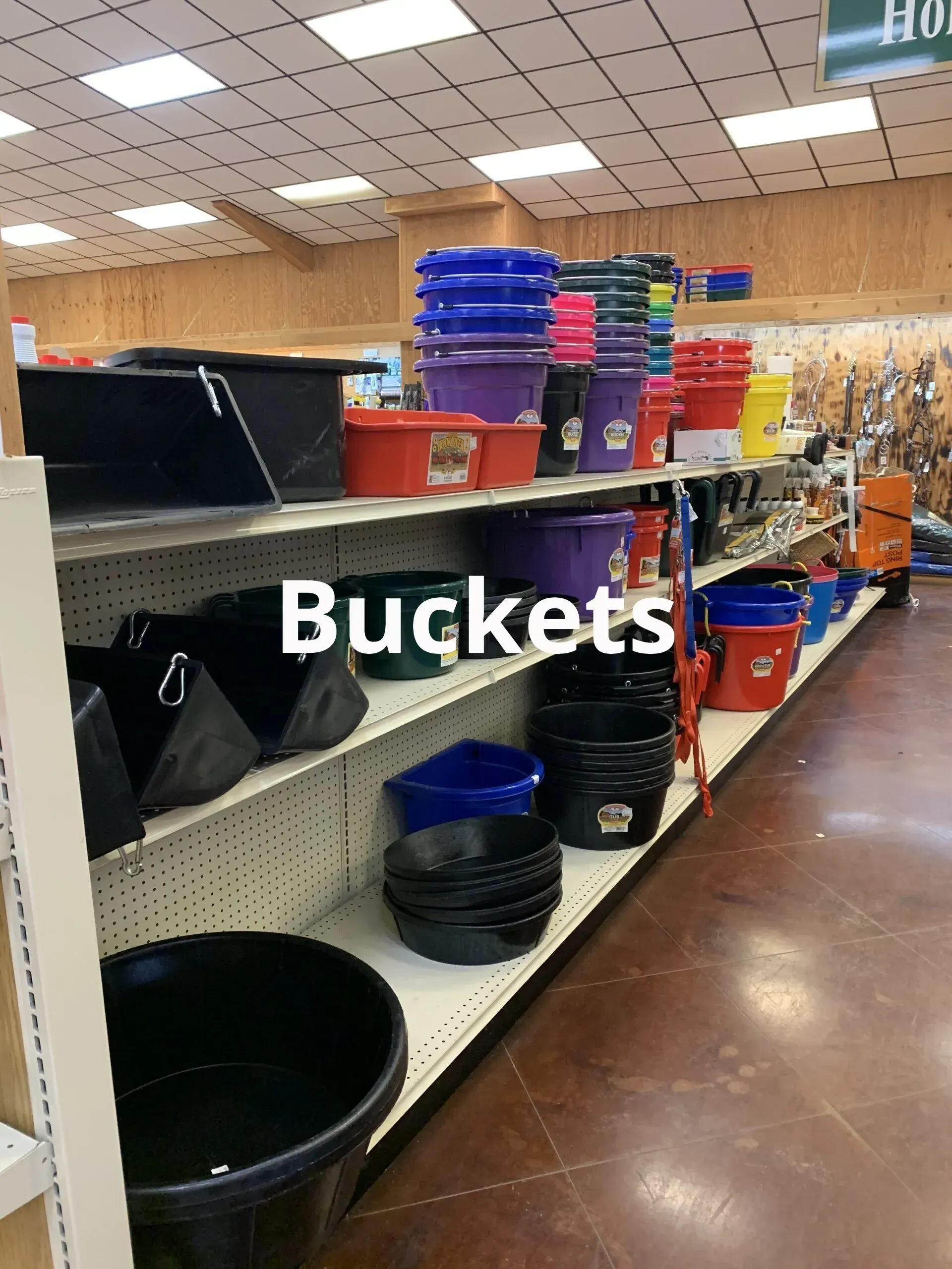 Buckets are displayed on shelves in a store