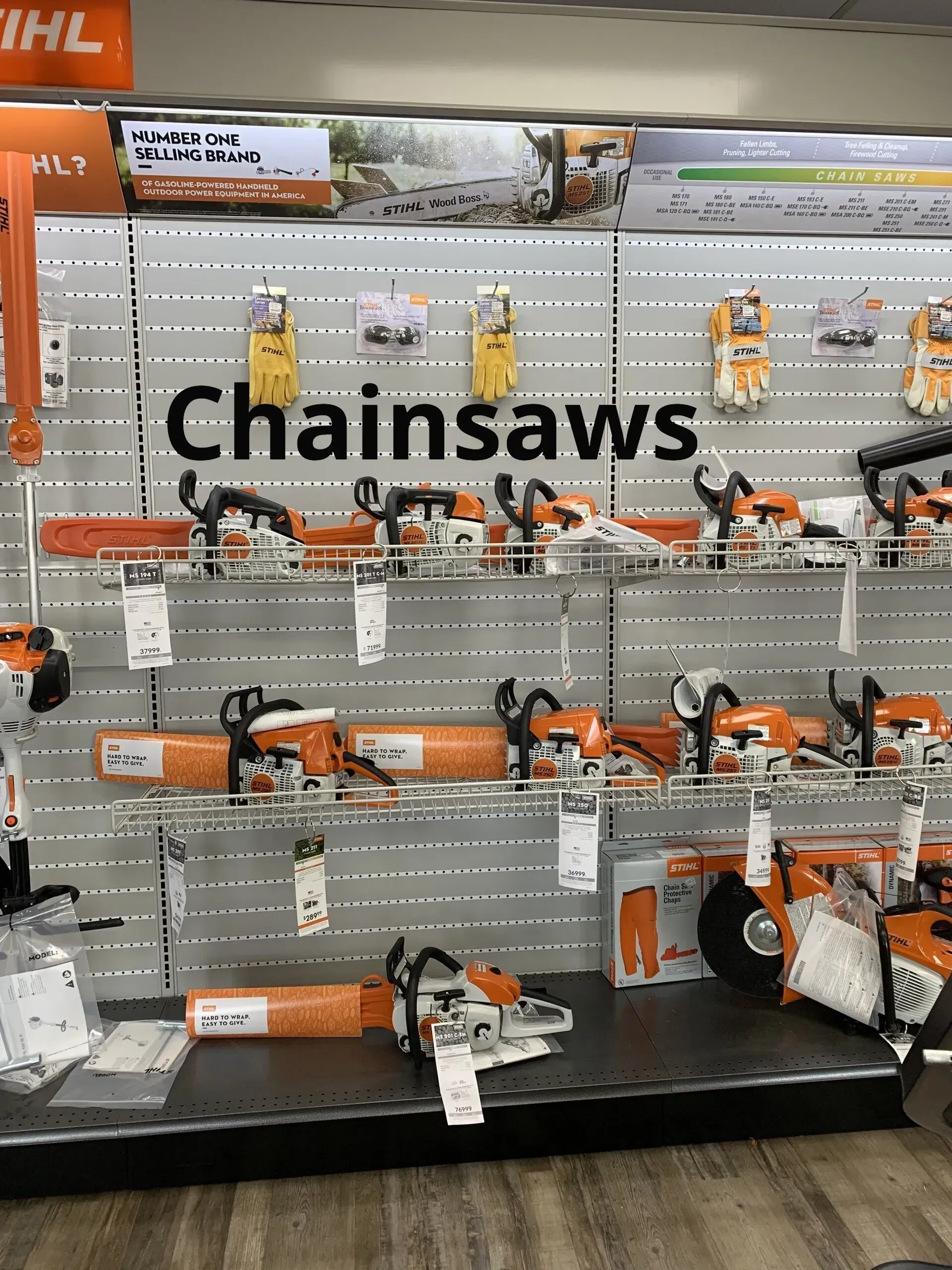 A display of chainsaws on a wall in a store.