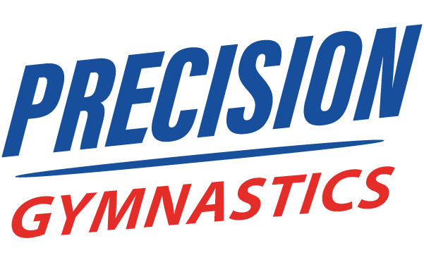 Logo of Precision Gymnastics with blue gymnast silhouettes and red text.