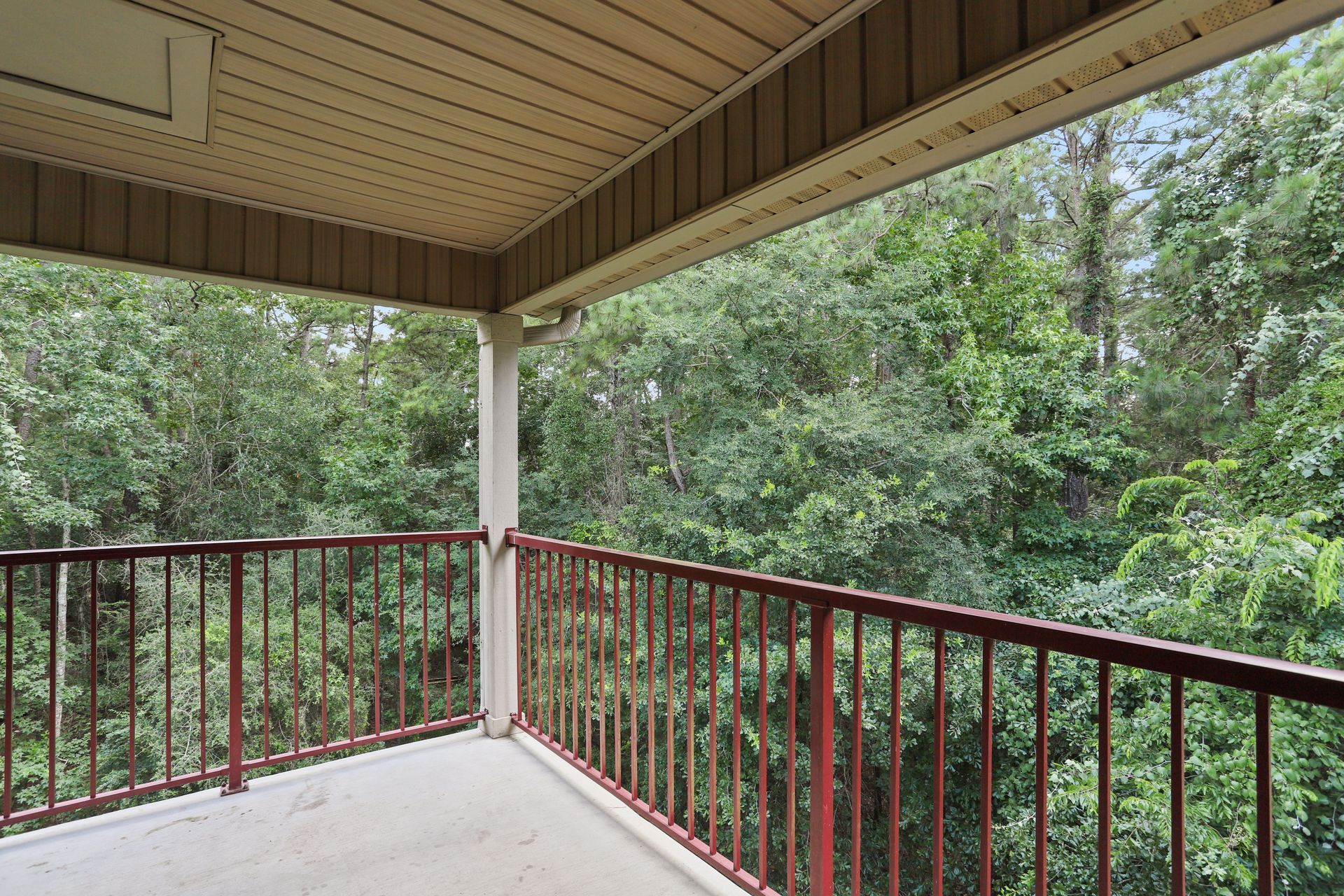 Photo of a balcony showing a wooded view