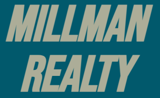 A millman realty logo on a blue background