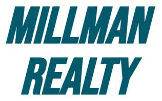 The logo for millman realty is blue and white