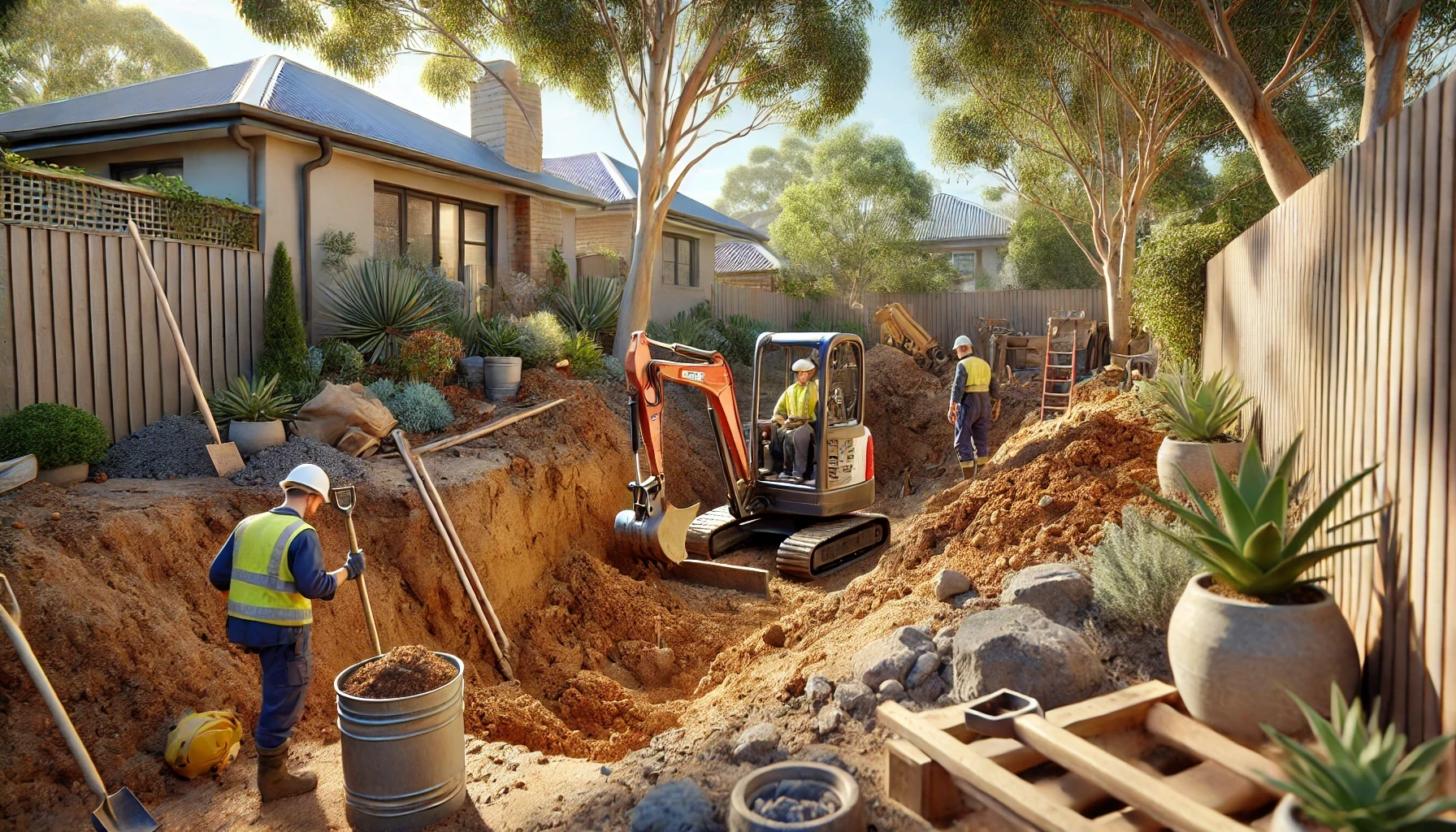 A construction site behind a house with an excavator and workers.