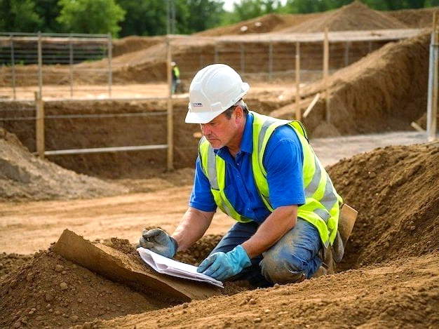 A construction worker is kneeling in the dirt looking at a piece of paper.