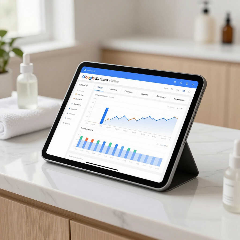 Tablet displaying a blue analytics dashboard on a kitchen counter, with charts and graphs visible.