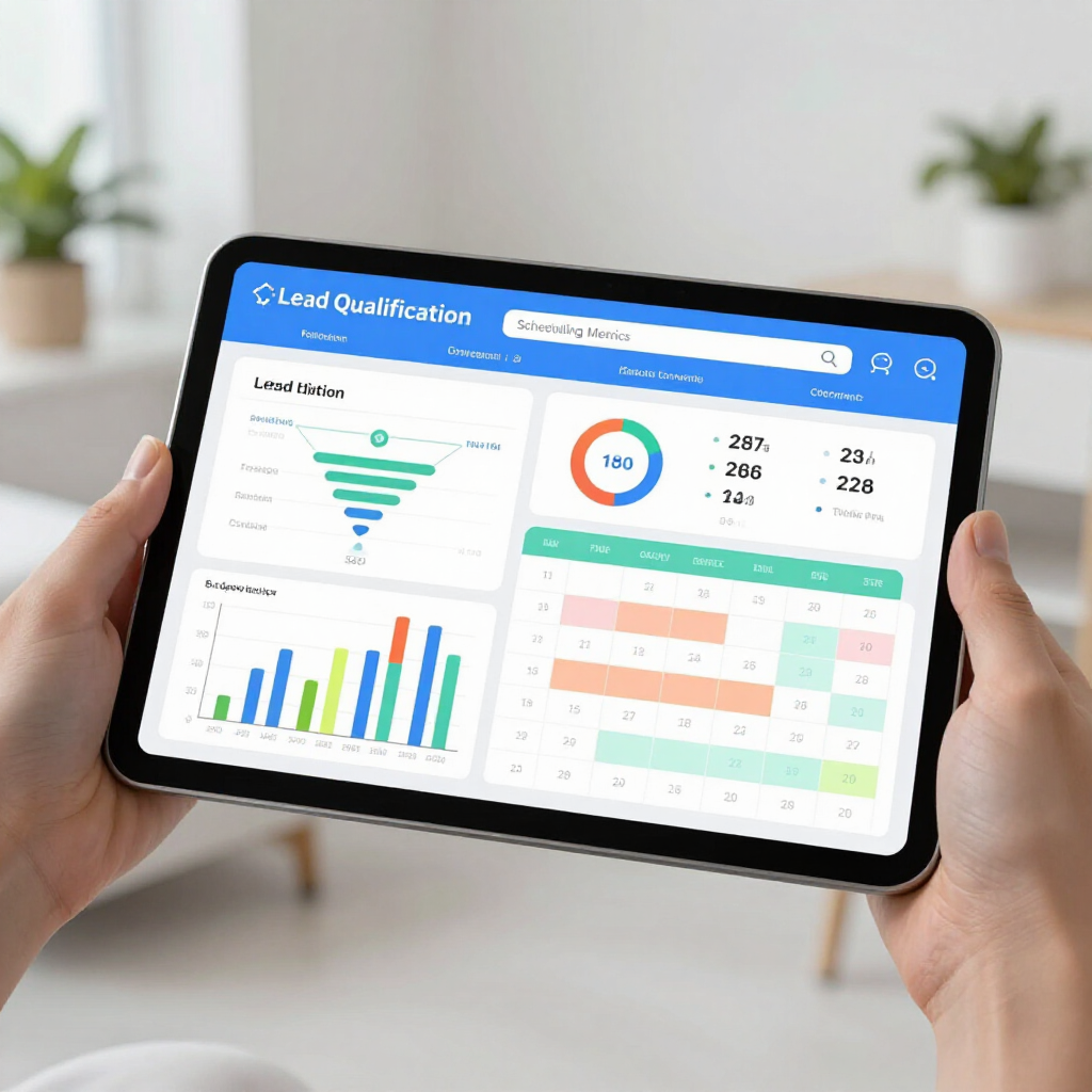 Hands holding a tablet showing a colorful analytics dashboard with charts and graphs