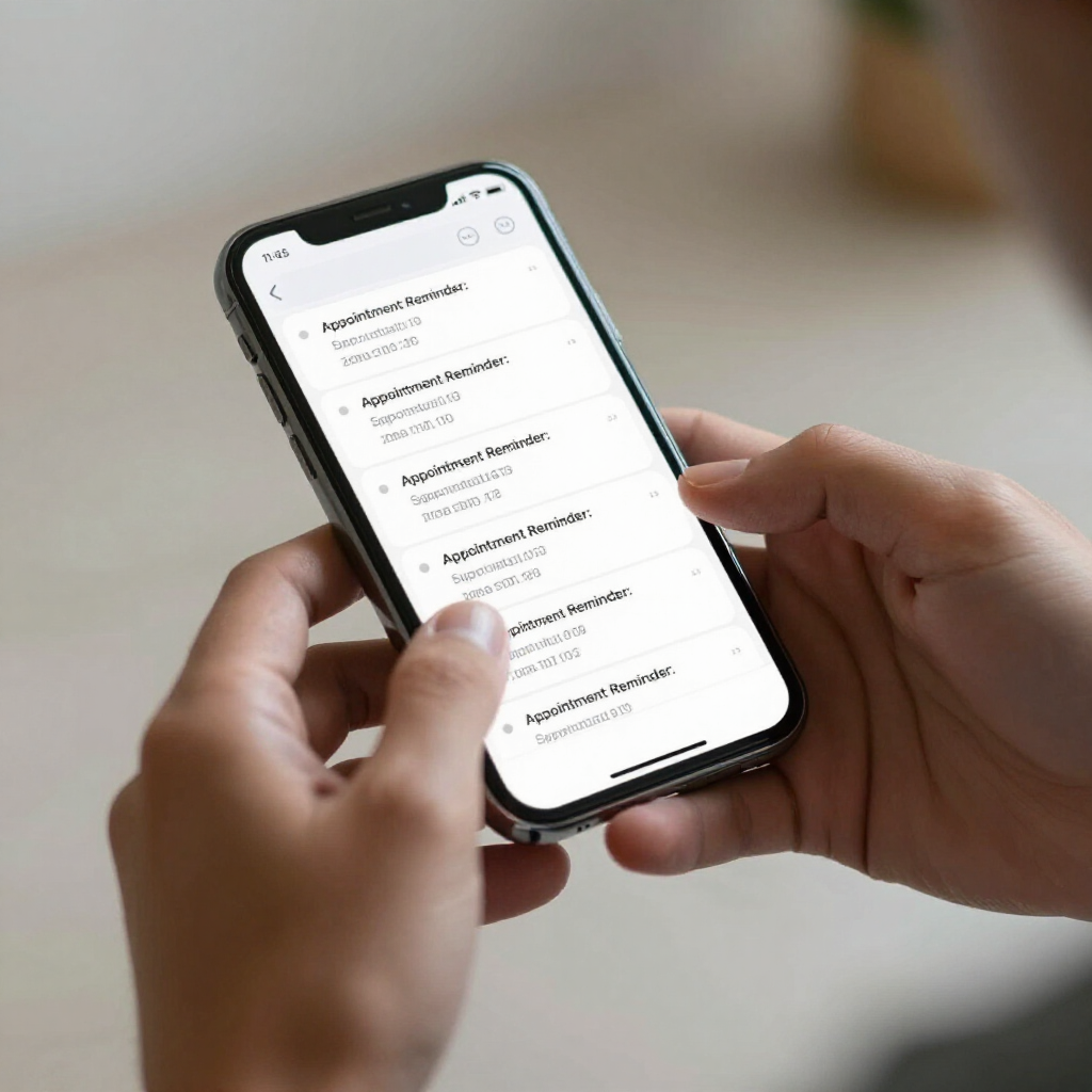 Hands holding a smartphone displaying a white app menu screen on a soft beige background
