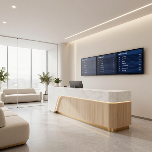 Modern clinic reception with white marble desk, wall monitors, and beige seating in a bright minimalist lobby