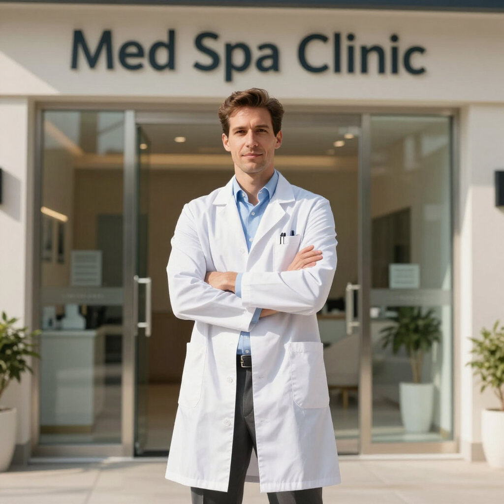 Doctor in a white coat standing outside a Med Spa Clinic entrance with arms crossed