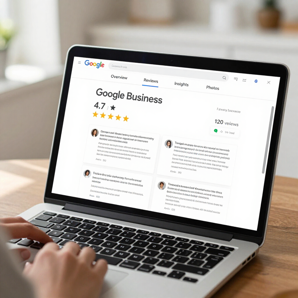 Hands typing on a laptop showing a Google Business reviews page