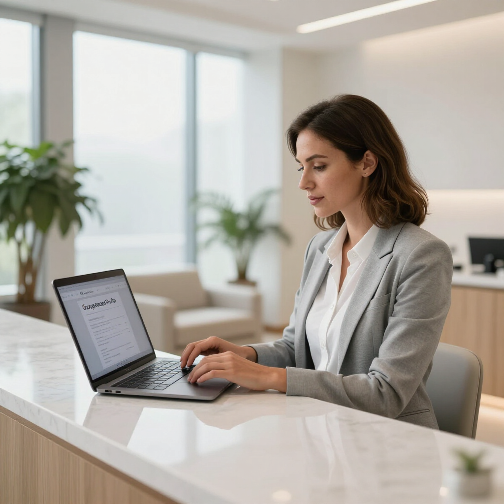 Person typing on a laptop at a bright office counter