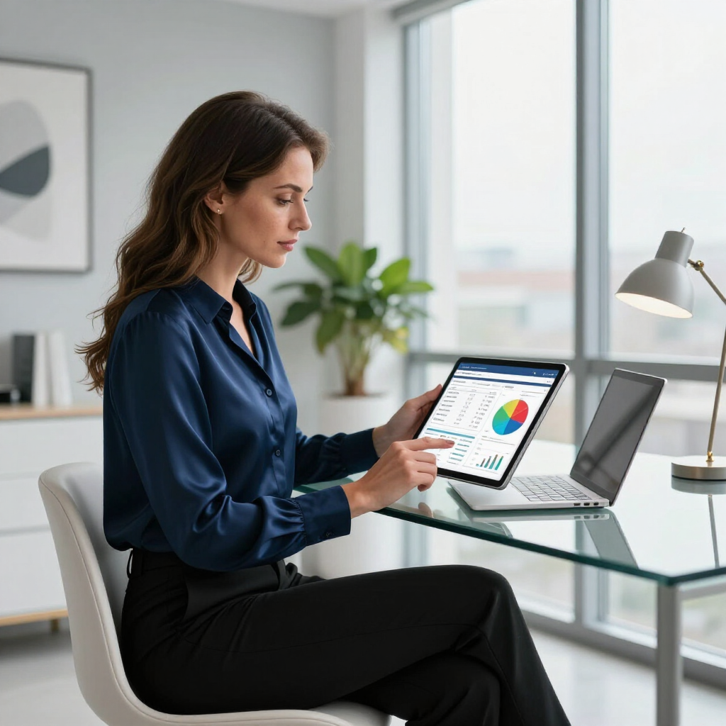 Woman in a navy blouse reviewing charts on a tablet at a glass desk with a laptop in a bright office