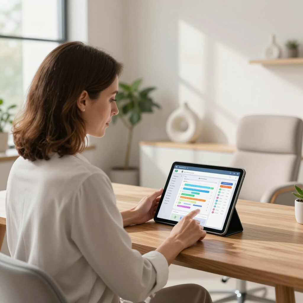 Woman using a tablet at a wooden table in a bright home office, viewing a colorful schedule.