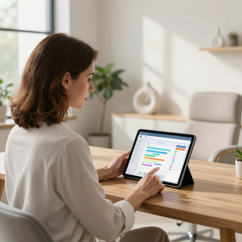 Woman using a tablet at a wooden table in a bright home office, viewing a colorful schedule.