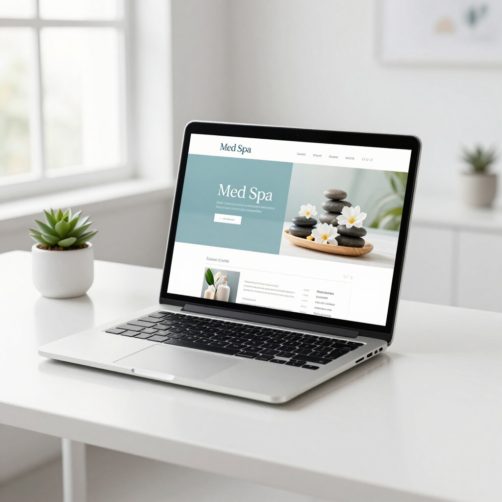 Laptop on a white desk displaying a spa website in a bright minimalist room