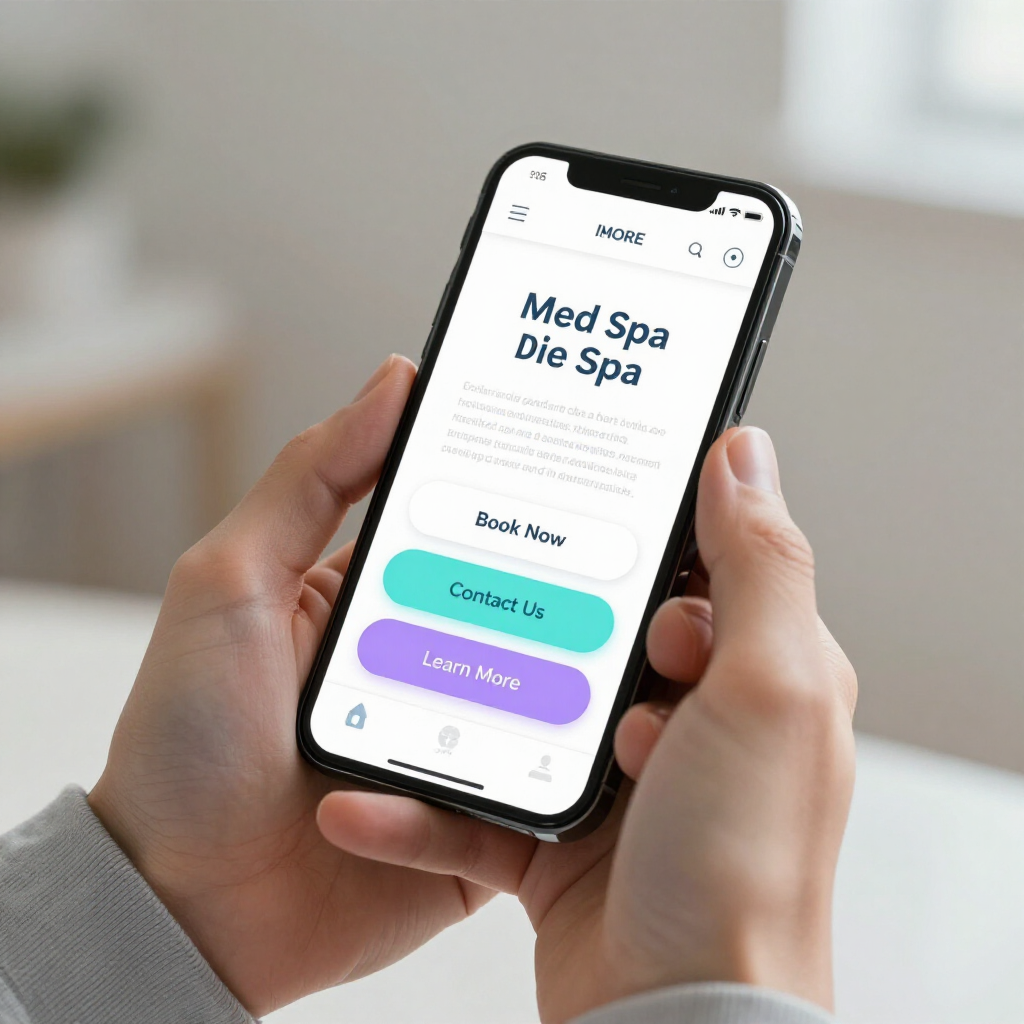 Hand holding a smartphone showing a spa booking app with “Book Now” and colorful appointment buttons