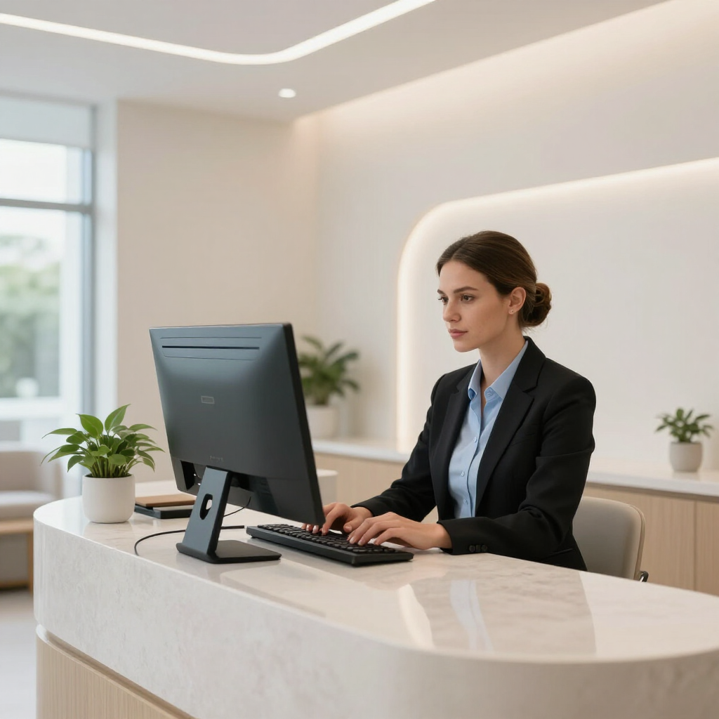 Woman typing at a desk in a modern office reception area, with a large monitor and potted plants.