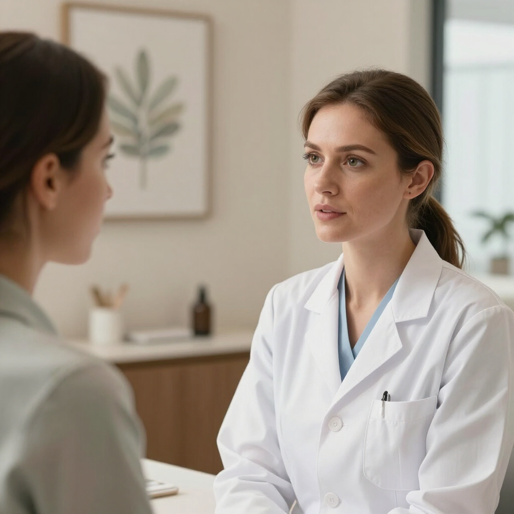 Doctor speaking with a patient in a bright clinic office
