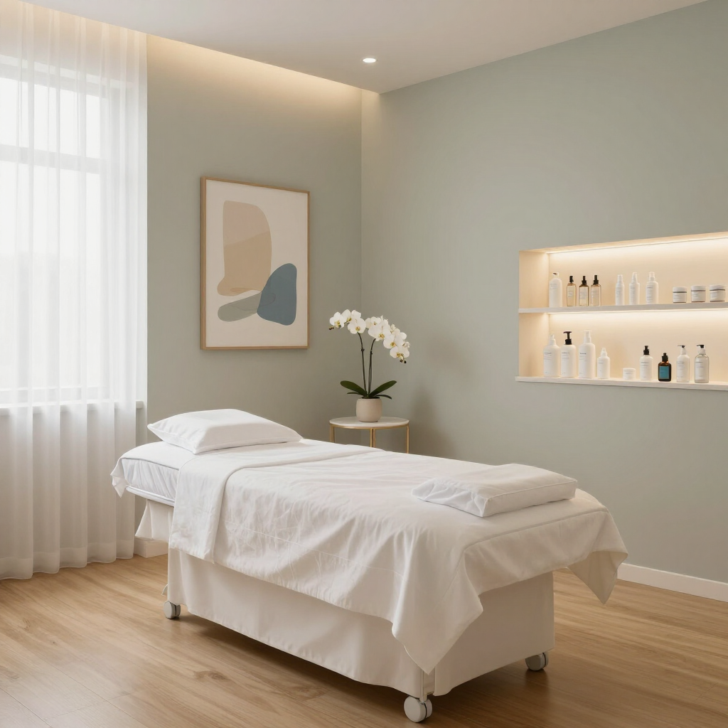 Minimal spa treatment room with white massage table, soft green walls, and a lit shelf of products