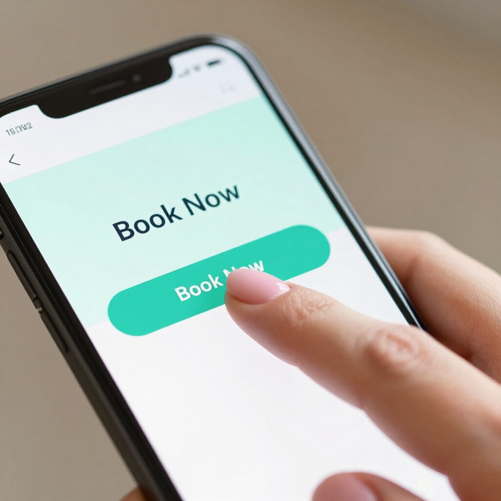 Finger tapping green “Book Now” button on a smartphone screen