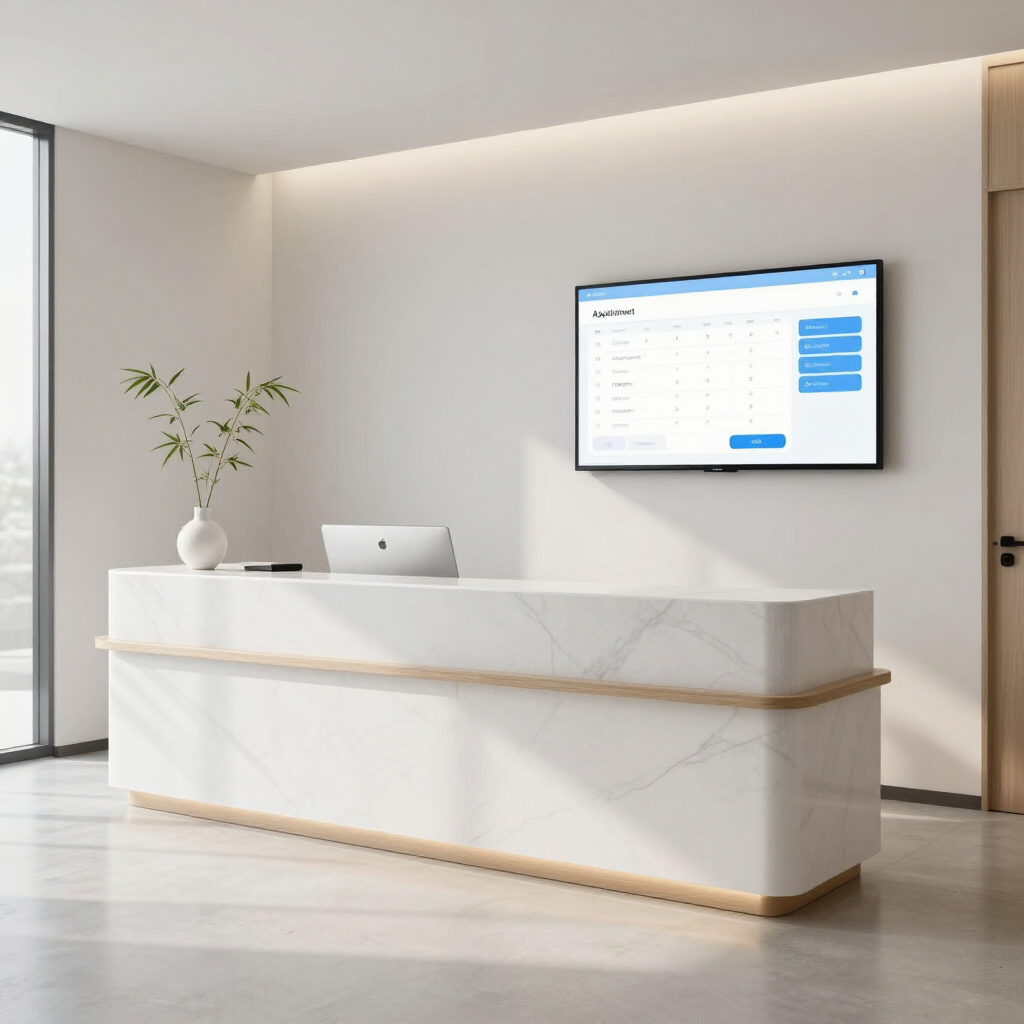 Modern hotel lobby with white reception desk, laptop, wall-mounted screen, and vase of flowers