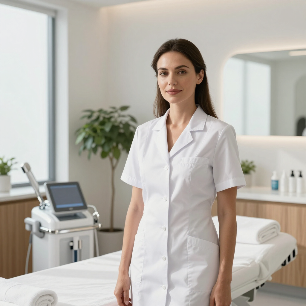 Medical professional standing in a bright clinic beside a treatment bed and equipment